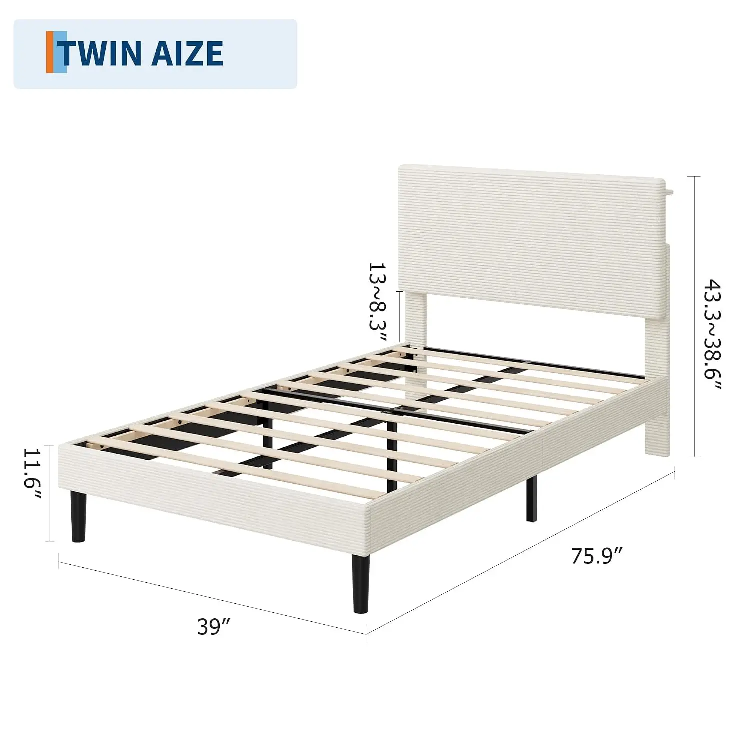 Twin Size Bed Frame, Platform Bed with Adjustable Corduroy Upholstered Storage Headboard and Charging Station,, Customized