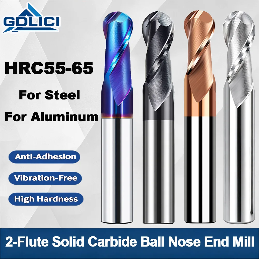 Solid Tungsten Steel Spherical End Mill HRC55‑65,2‑Flute Ball‑Nose CNC Milling Cutter for Stainless Steel & Aluminum