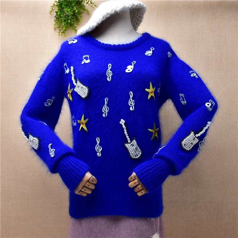 Fall Winter Ladies Women Clothing Blue Beaded Angora Rabbit Hair Music Pattern Long Sleeves O-Neck Slim Blouses Pullover Sweater