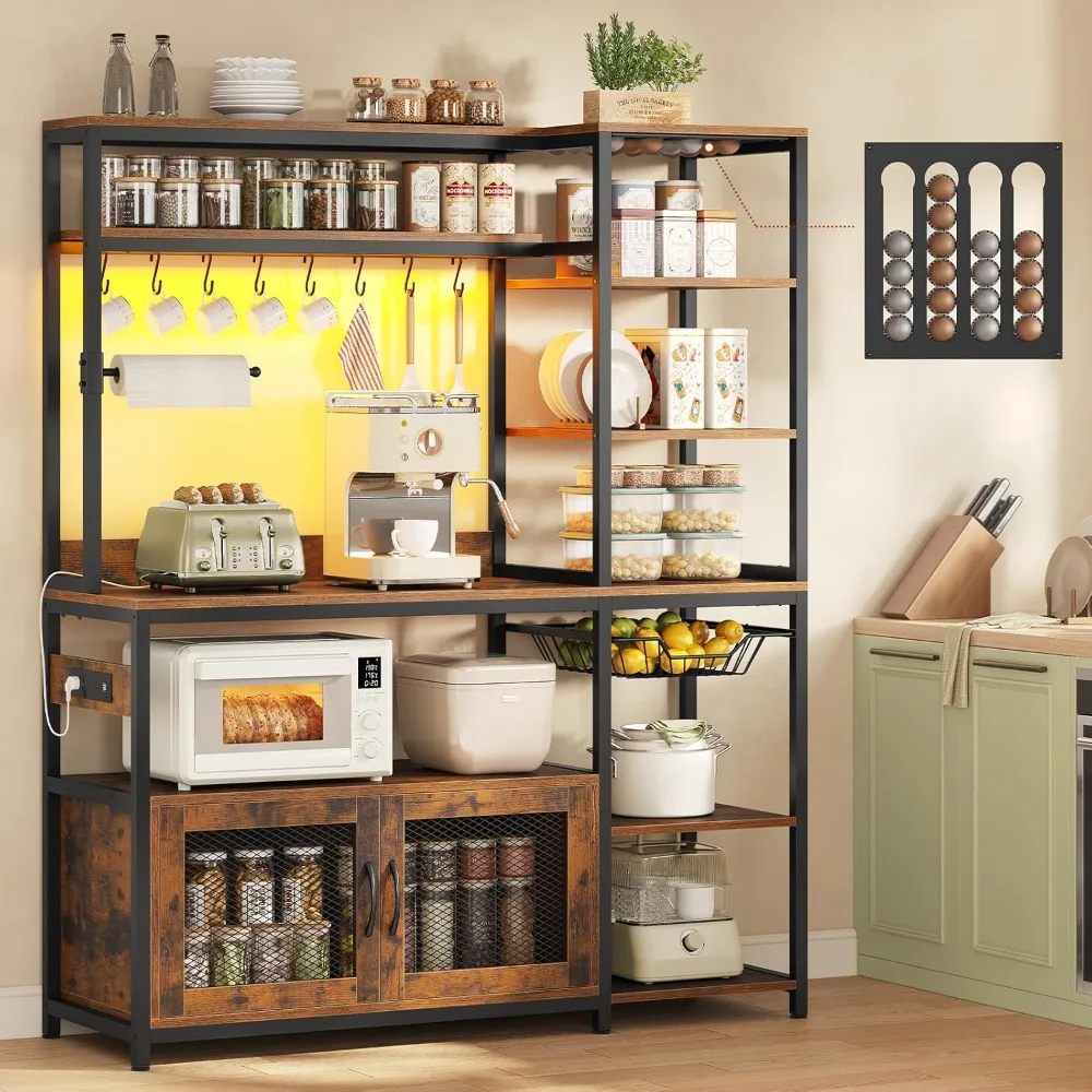

47.2 in Bakers Rack with Power Outlet & LED Light, Coffee Bar with Coffee Pod Holder for Vetuo, Kitchen Microwave Stand with Sto