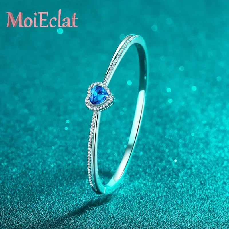 

Stunning 1.45 Carat Blue Moissanite Bangles in Fine Jewelry Style for Women, Cute Platinum PT950 Love Bracelet Grilfriend Gifts