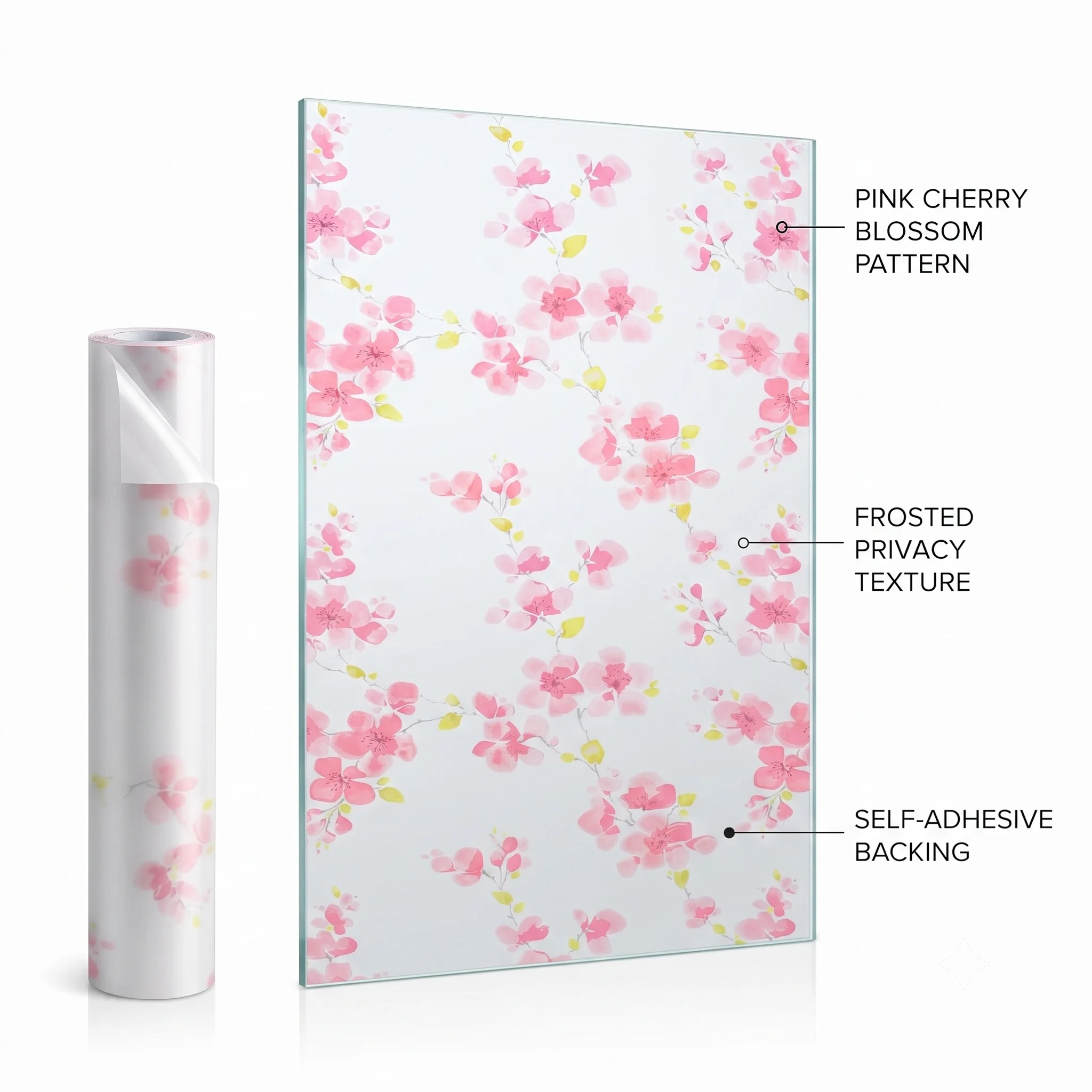Pink Cherry Blossom Self-Adhesive Window Film Frosted Privacy Glass Sticker Removable No Residue Decor for Bathroom Bedroom Livi