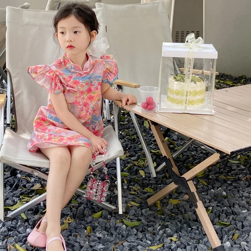 Summer Sweet Girls Printed Princess Dress Children Small Flying Sleeves Chinese Style Cheongsam Dress Baby Pure Cotton Costume