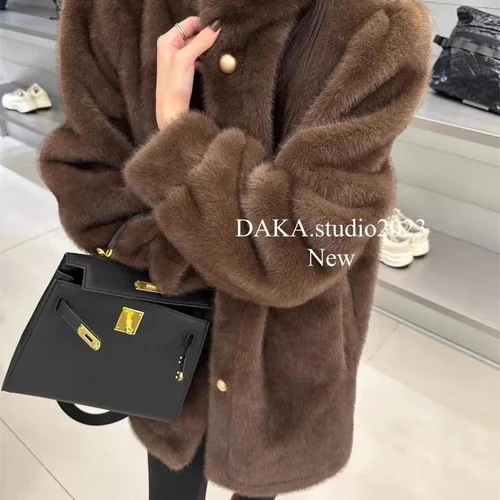 여성용 친환경 퍼 통합 코트, 두꺼운 스탠드업 칼라, 중간 길이 루즈 퍼 코트, WLF, 2024 가을, 겨울, 신상 