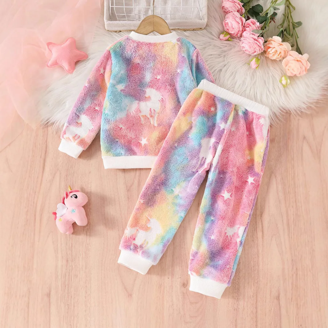 New Winter Girls' Thick Velvet Luminous Star Flannel Hoodie Casual Tie Dyeing Printed Two Piece Set