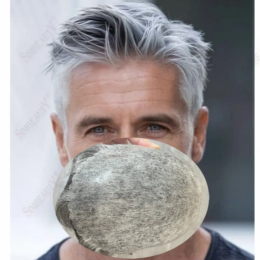

1b80 1b65 Grey Old Man Human Hair Toupee 0.1mm Injection Microskin PU Base Undetectable Man Wigs Hair Capillary Prosthesis Unit