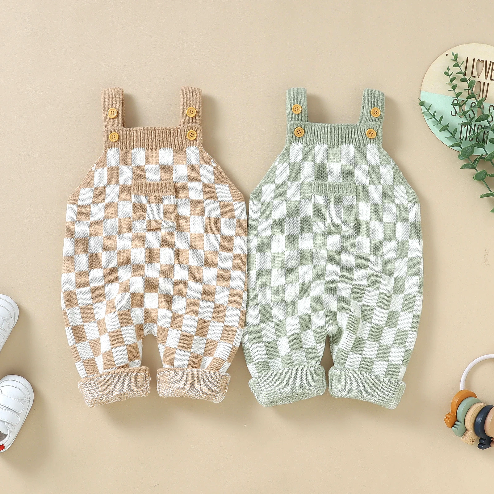 Baby Girls Boys Autumn Winter Jumpsuit Sleeveless Checkerboard Print Knitted Jumpsuit Button Down Bodysuit Playsuits Clothes