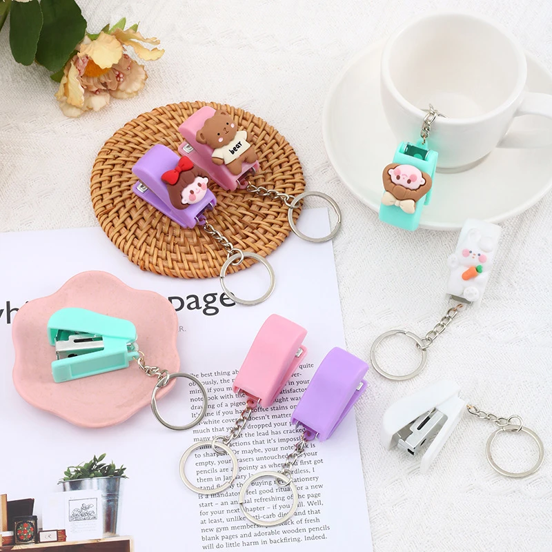 Macaron Color Cute Cartoon Mini Stapler Key Chain Student Creative stapler Convenient Key Ring Pendant 1 Pc