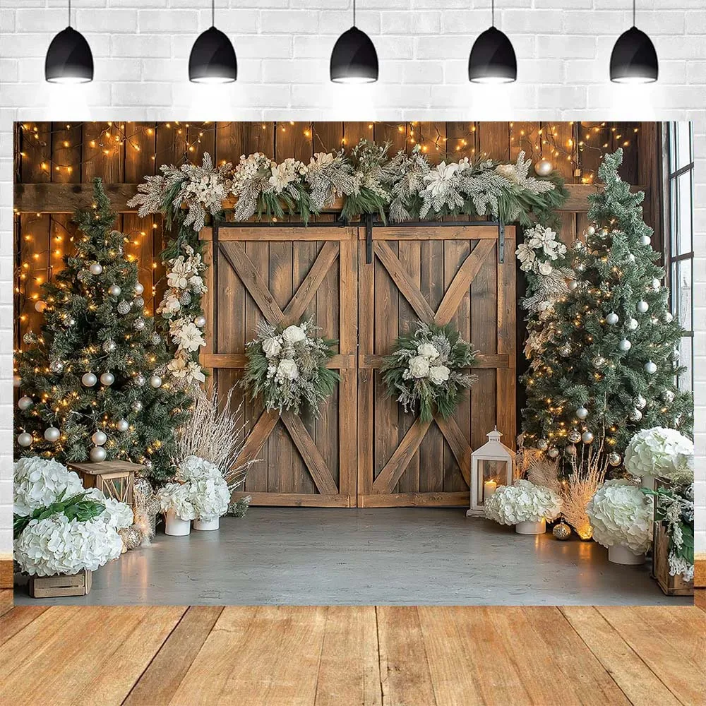 Weihnachten Party Dekor Banner Hintergrund Weihnachtsbaum weiße Holztür Winter Schnee Dekorationen Weihnachten Fotografie Hintergründe