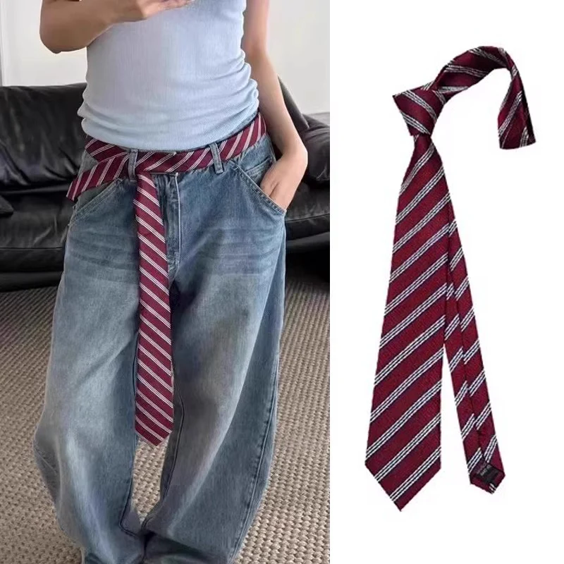 RED Striped Long Plaid Waist Belt with Jeans Necktie Scarf Tie Decorative Personality Trendy Hairband Fashionable Belts