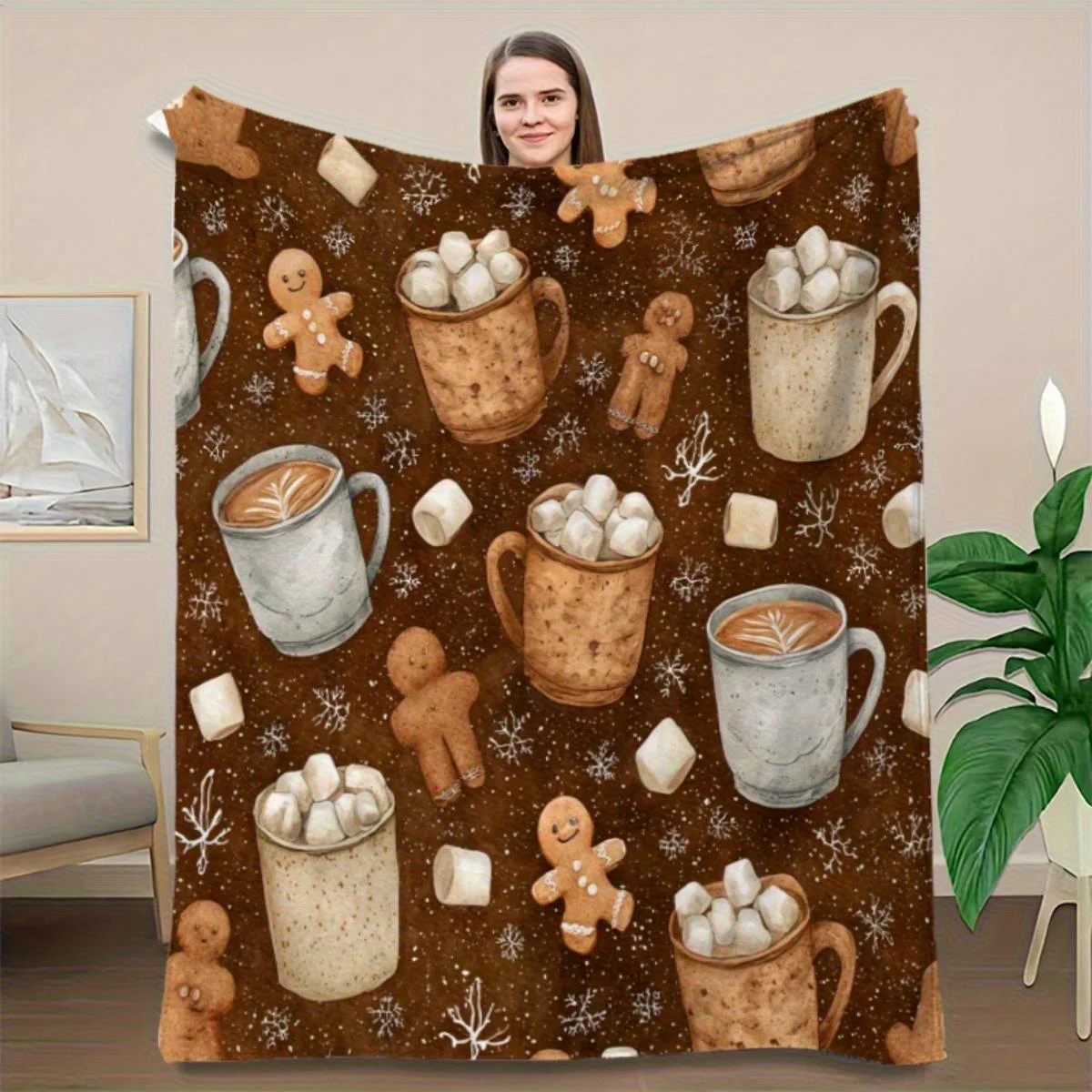 Festive Gingerbread & Hot Cocoa Flannel Blanket Throw with Snowflake Design, Warm Brown Polyester Fabric