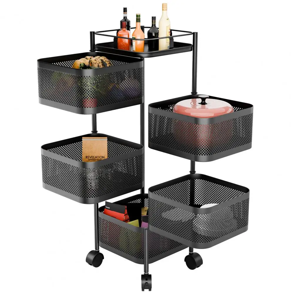 Kitchen Storage Cart, 5-Layer Trolley on Wheels, Rotating Kitchen Trolley, Fruit Basket Storage Container, Metal Wire Shelf