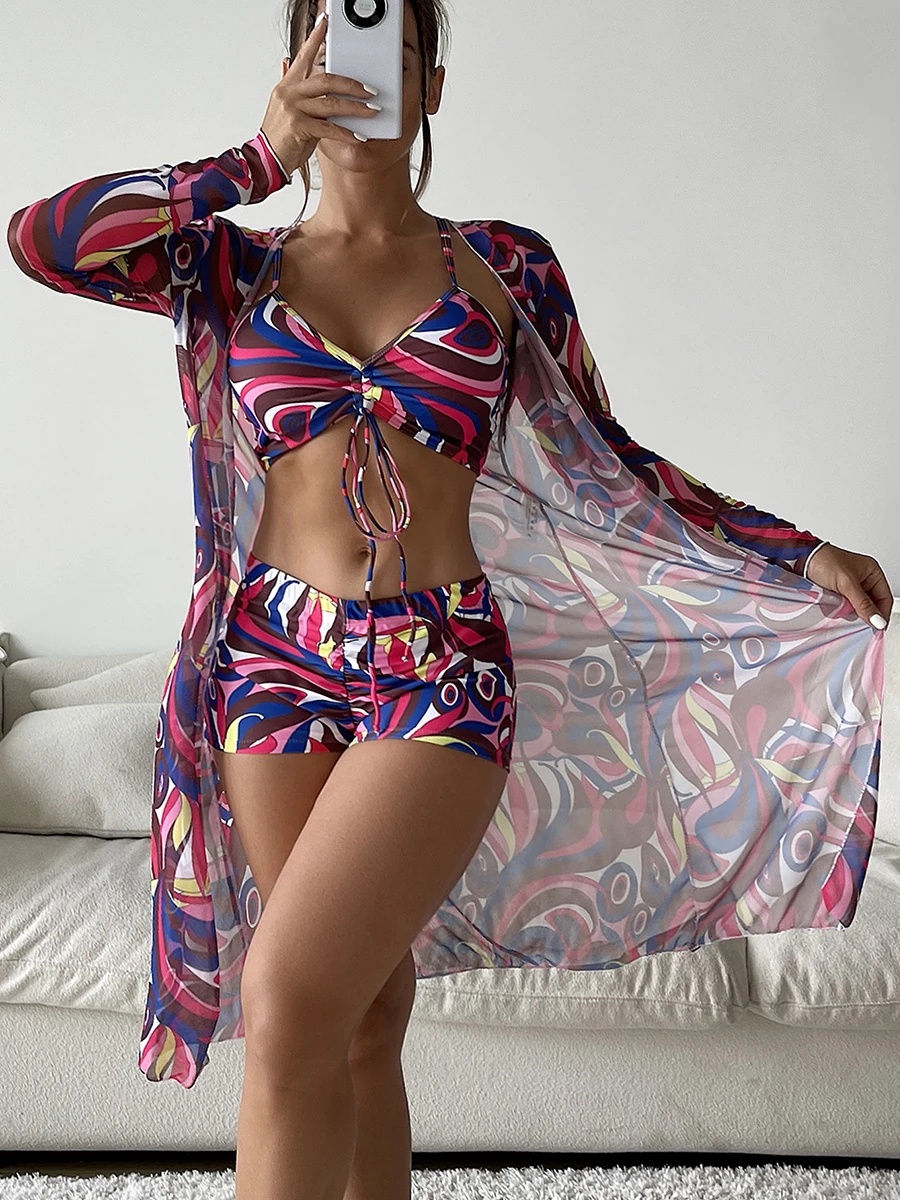 

3 Pieces Bikini Set Cover Up Swimsuit Women High Waist Bikinis Long Sleeve Swimwear 2023 Swimming Beach Wear Bathing Suit Kimono