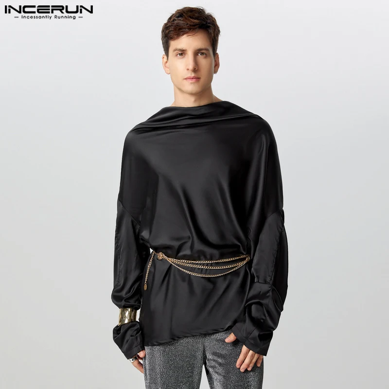 Fashion Well Fitting Tops INCERUN Male Solid Long Sleeved Camiseta New Men's Shiny Back Sexy Swing Neck T-shirts Casual Clubwear