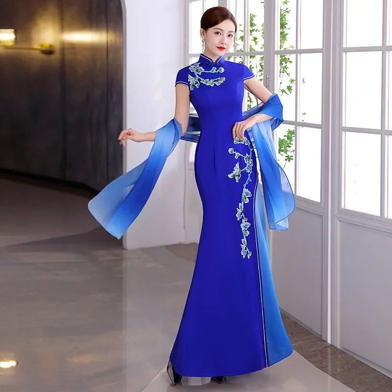 

Blue Sexy Satin Chinese Dresses Gown Women Large Size Slim Qipao Long Sequins Evening Party Mermaid Cheongsam Elegant Vestidos