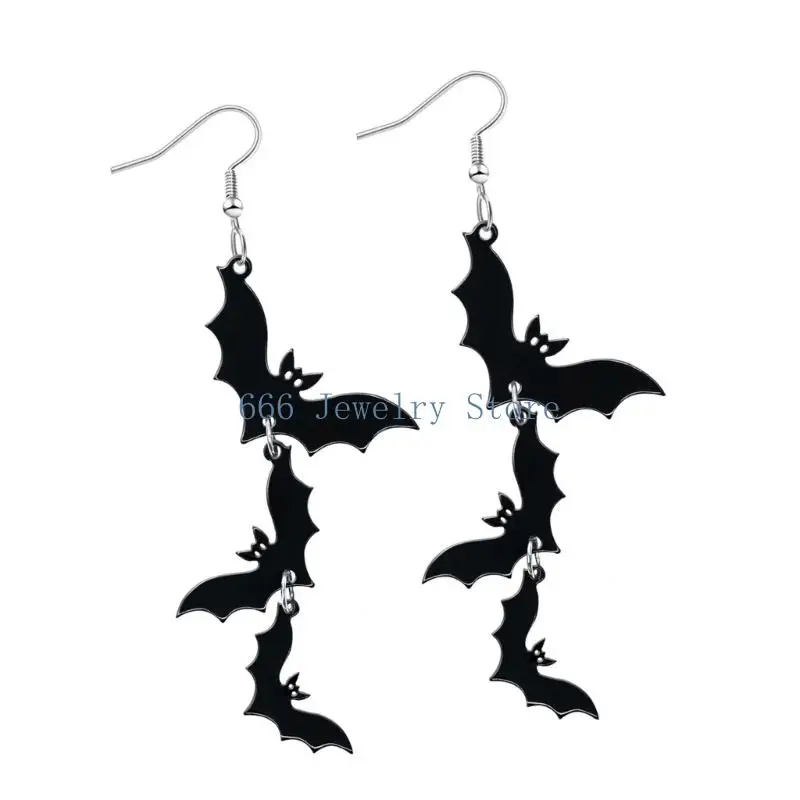 F2TD Triple Stack Skull Bat Drop Earrings Halloween Party Jewelry For Women Eerie Cute Costume Accessories