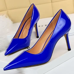 Donna 8.5cm tacchi alti scarpe décolleté Lady blu giallo argento pelle lucida Fetish Wedding Bridal Mid Low Heels Party Red Shoes