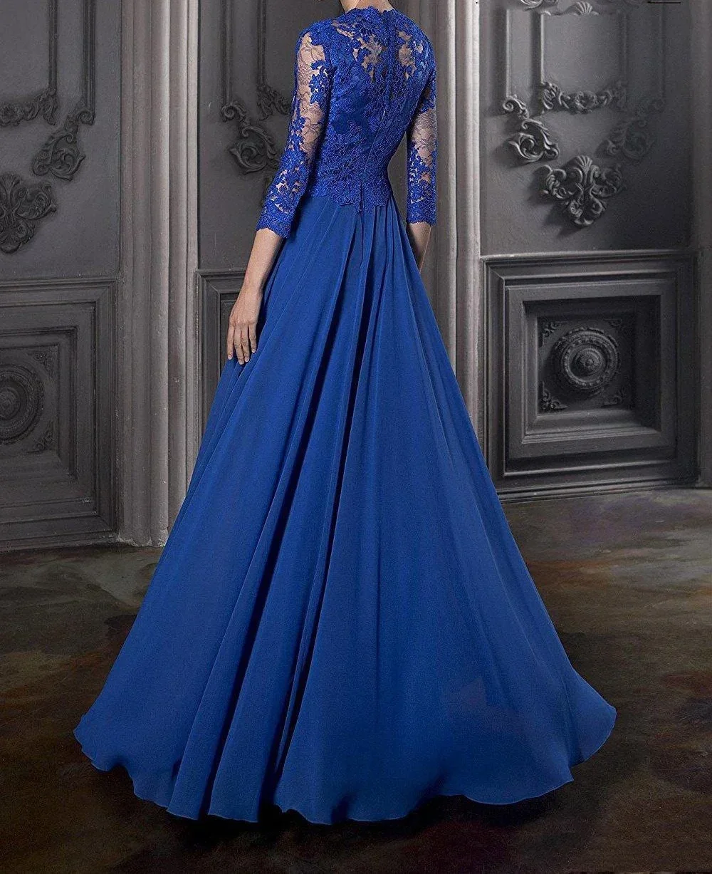 Elegante requintado vestido de renda A linha, mangas compridas, ombro fora, chiffon, azul, mãe da noiva, festa de casamento, noite, 2024