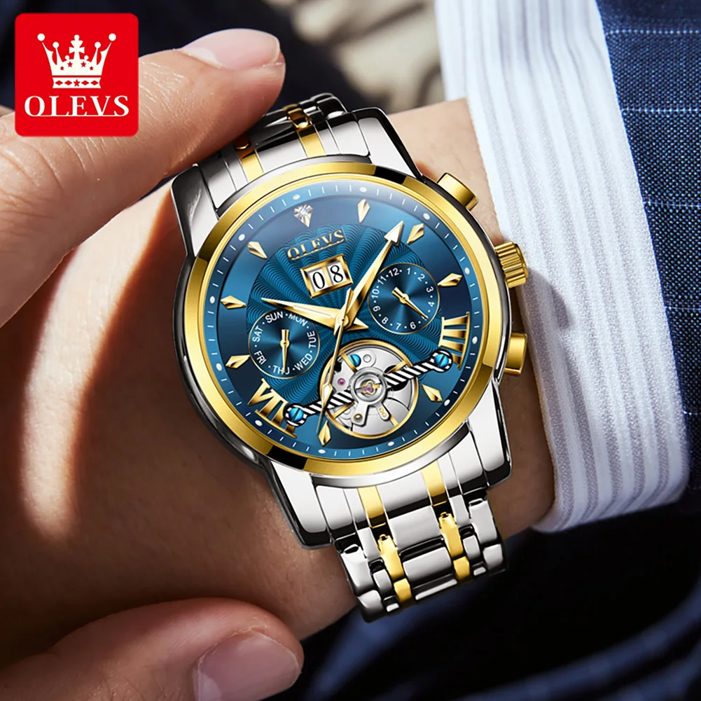 OLEVS 9965 Men\'s Watch Luxury Brand Tourbillon Skeleton Automatic Mechanical Watch High Quality Waterproof Luminescent Watch