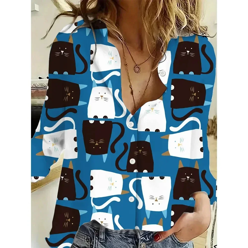 2024 Women\'s Shirt Tops Grey Cute Cat Print Shirt Temperament Long Sleeve Casual Fashion Daily Shirt Spring and Summer Tops