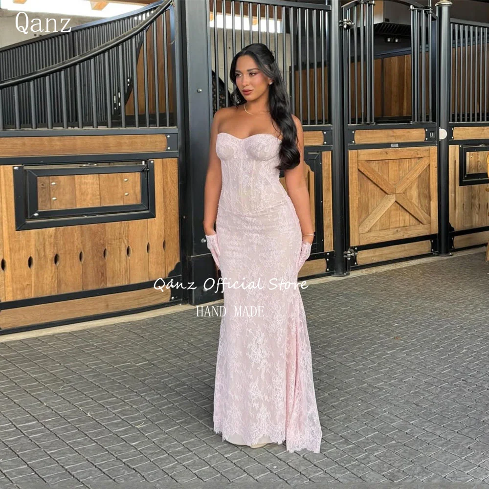 

Qanz Pink Mermaid Evening Dresses Lace Appliques Mermaid Luxury Party Dress Sweetheart Women's Wedding Party Attire Customized
