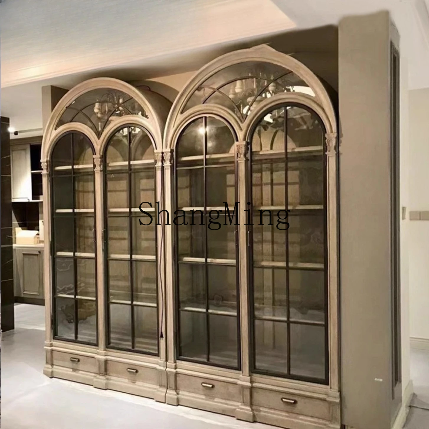 ZJH solid wood bookcase architectural revival glass door wine cabinet display cabinet