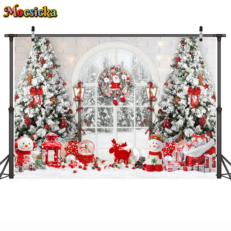 Mocsicka Photography Background Indoor Christmas Window Xmas Tree Snowman Toys Kids Family Photo Decoration Backdrop Photobooth