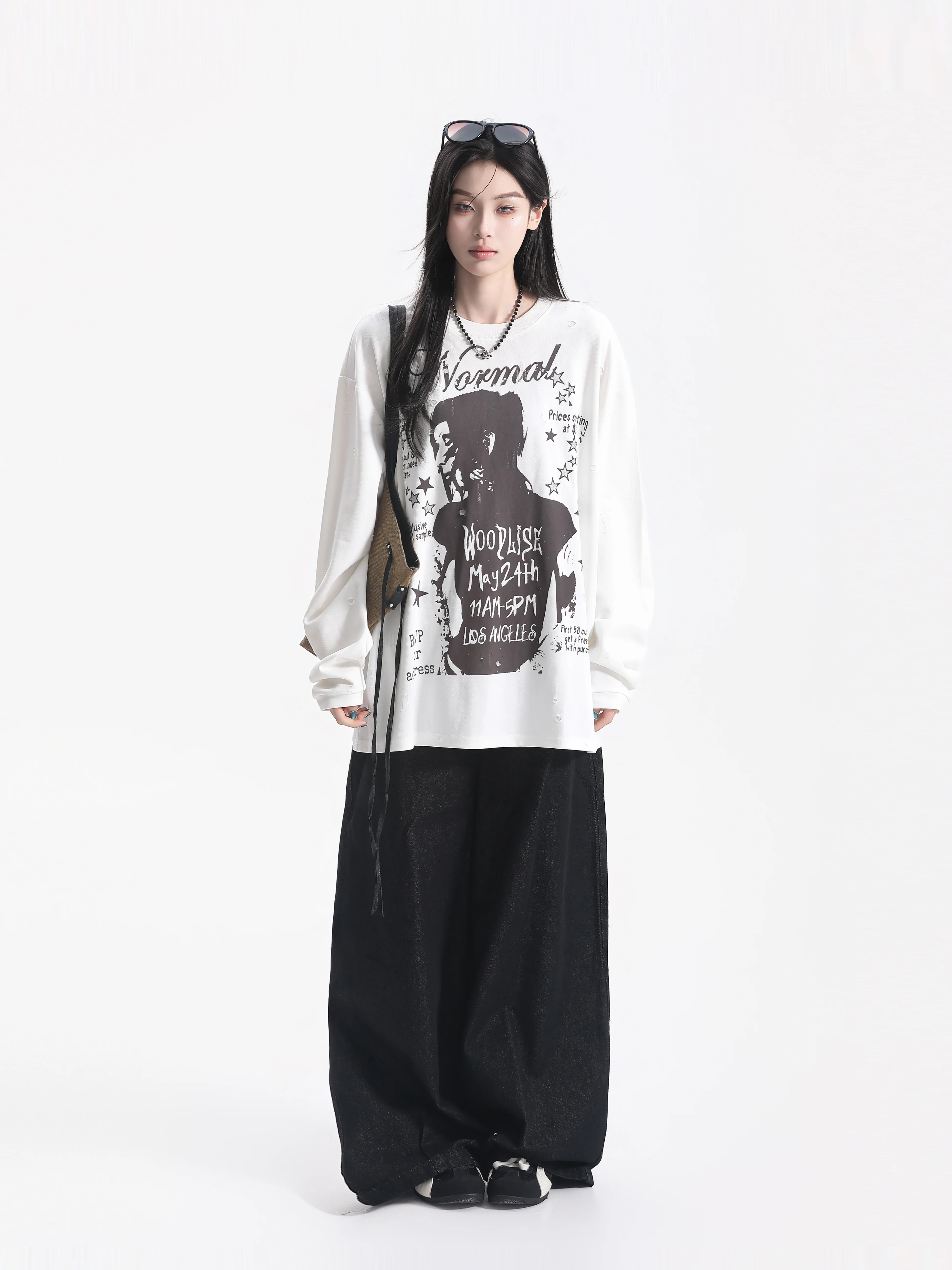 Loose Fit American Style Long Sleeve T-Shirt with Portrait Print Casual Loose Women's Top Breathable Comfortable Polyester Co...