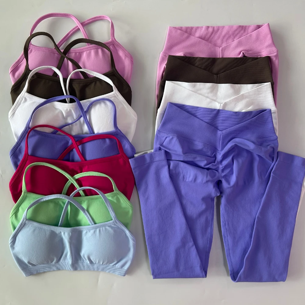 2-teiliges Gym-Set für Damen, Nahtlose Scrunch-Yoga-Leggings, Rückenfreier Sport-BH, Fitness-Workout-Top, Yoga-Set-Outfits – Detail 16