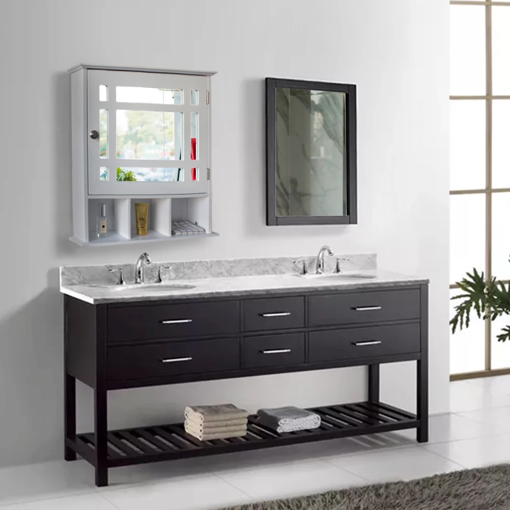 Wall-Mounted Bathroom Cabinet with Mirror Door Gray Wooden Storage Unit with Open Shelving