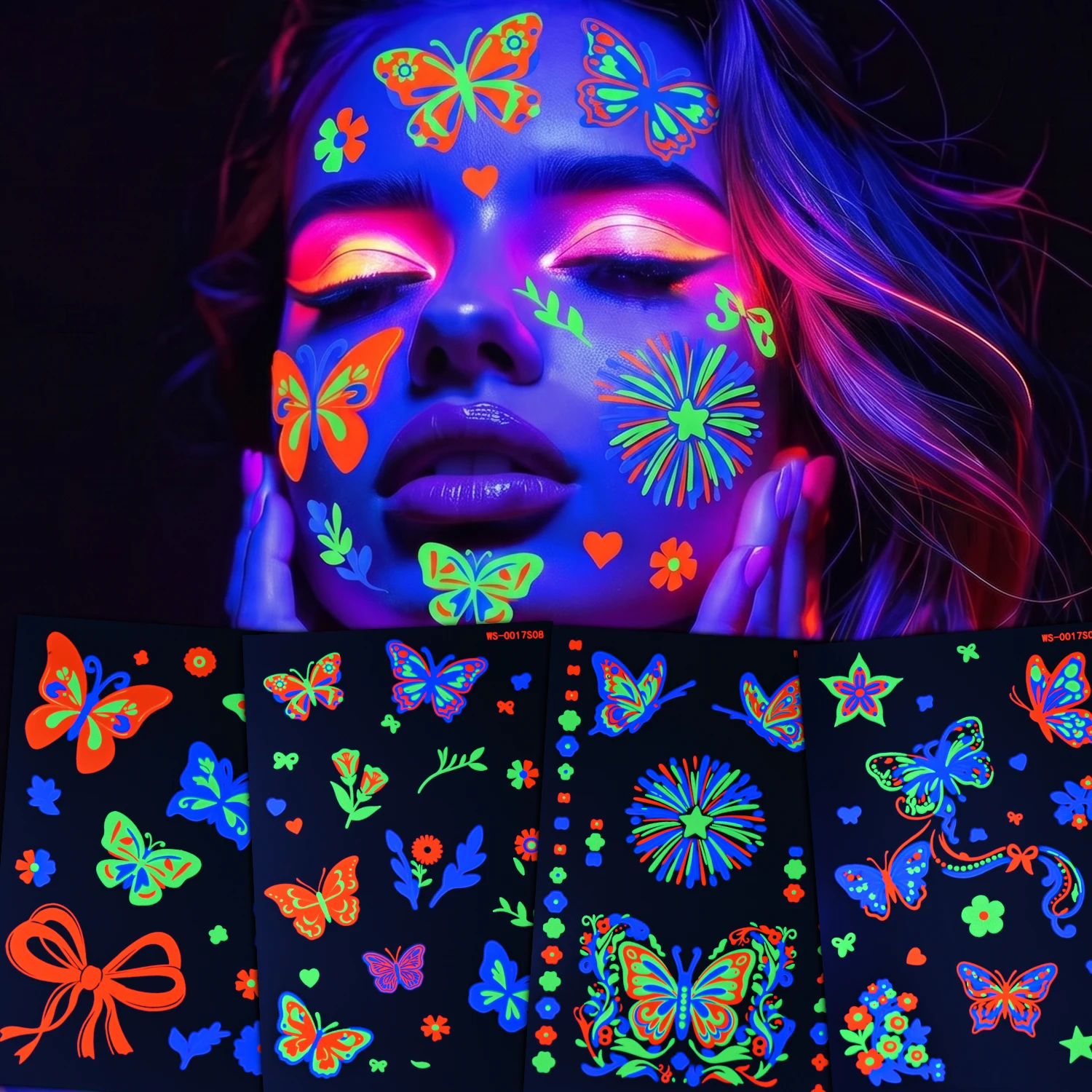 10Pcs Neon UV Temporary Tattoo Stickers Mixed Butterfly Bow Flower Star Heart Tattoos Decals for Club Music Festival Body Decor