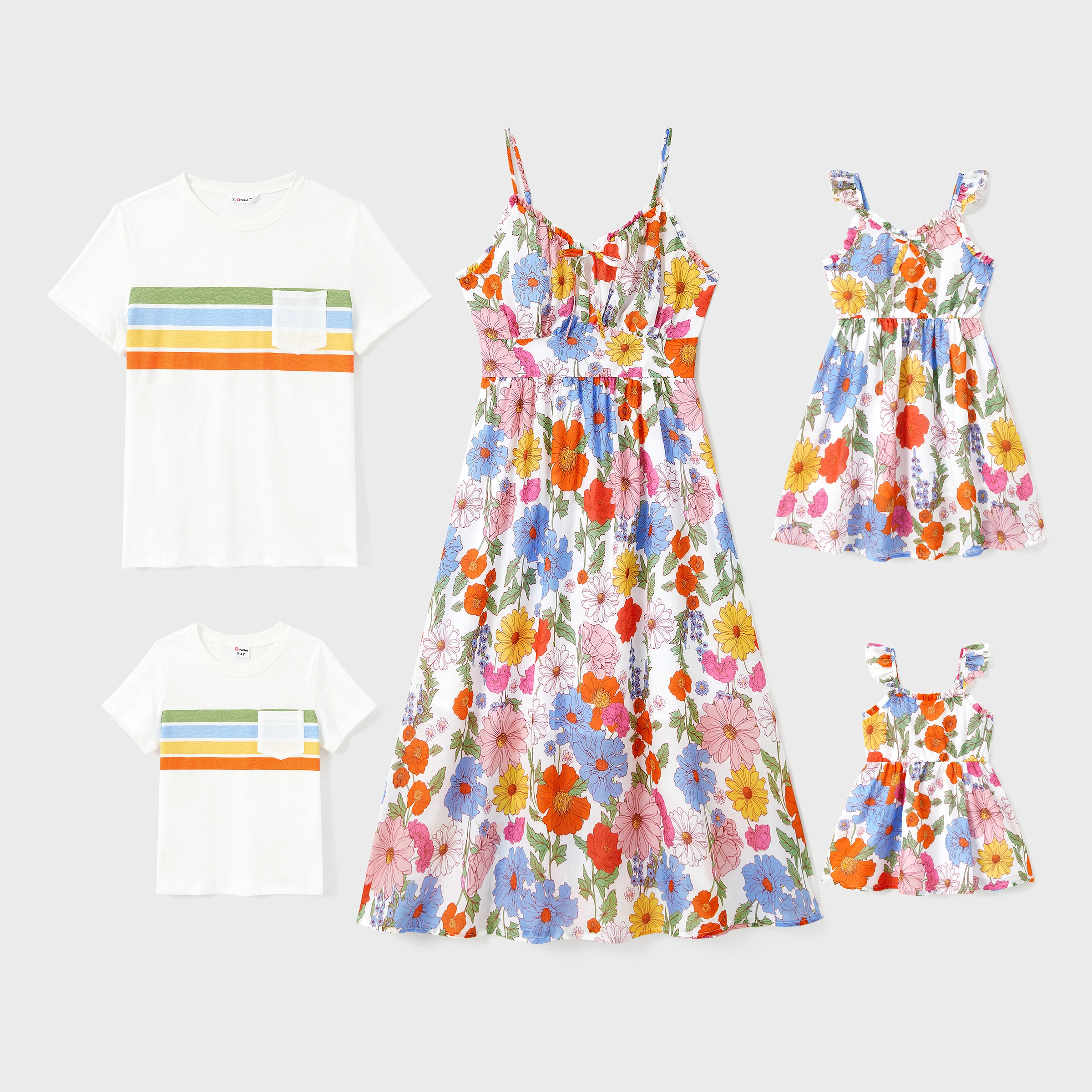 PatPat Family Matching Sets Colorful Striped Tee or Floral Ruched Bust Tie Neck Sleeveless Strap Dress