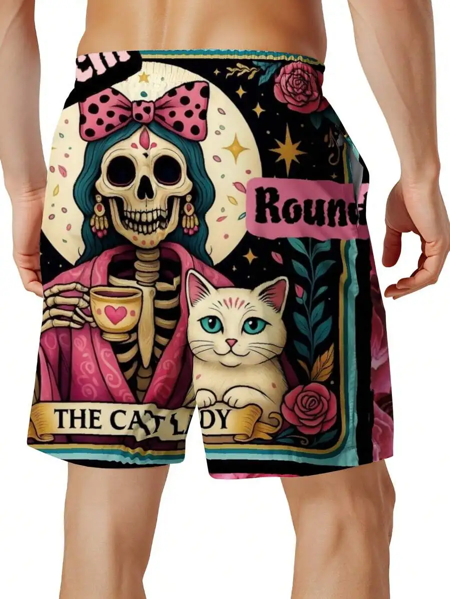 

Day Of The Dead Cat Lady Skeleton Print Swim Trunks For Men Beach Shorts With Drawstring