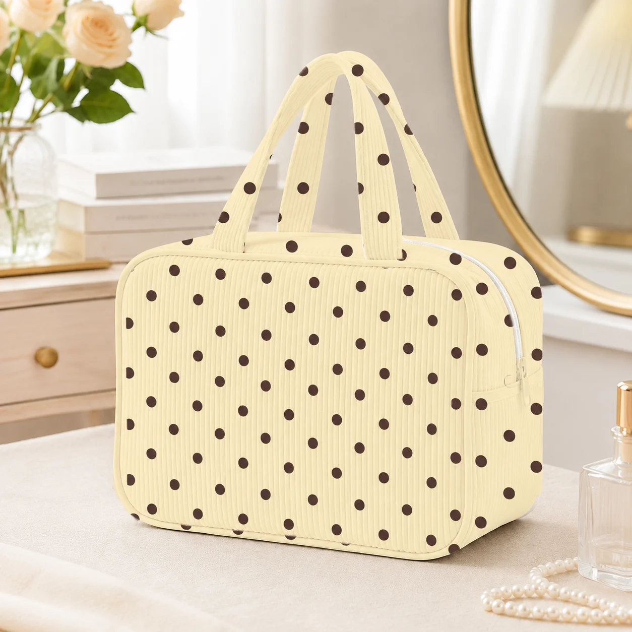 Vintage Polka Dot Makeup Case for Women, Large Capacity Ribbed Zipper Toiletry Organizer with Handles for Travel & Home
