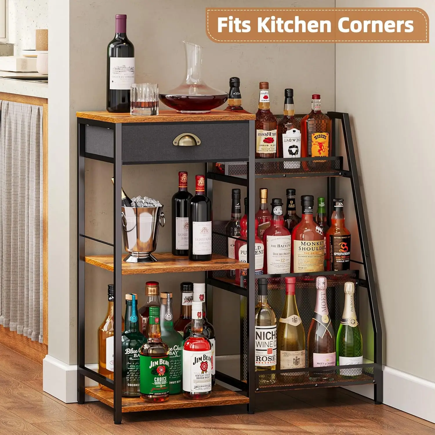 3-Tier Wine Rack with Drawer, Freestanding Bar Cabinet for Home Kitchen Apartment