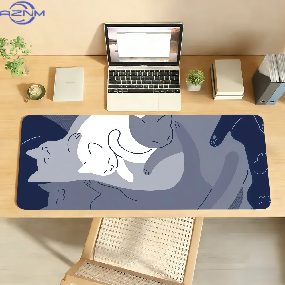 Navy Blue Abstract Sleeping Cat Line Art Extended Mousepad, Non-Slip Rubber Base Large Desk Mat, Smooth Surface for Gaming Offic 3
