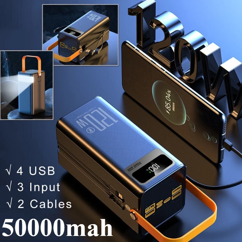 

Portable Large Capacity Power Bank 50000mAh 120W Fast Charger with Cable USB C External Spare Battery for IPhone Samsung Xiaomi