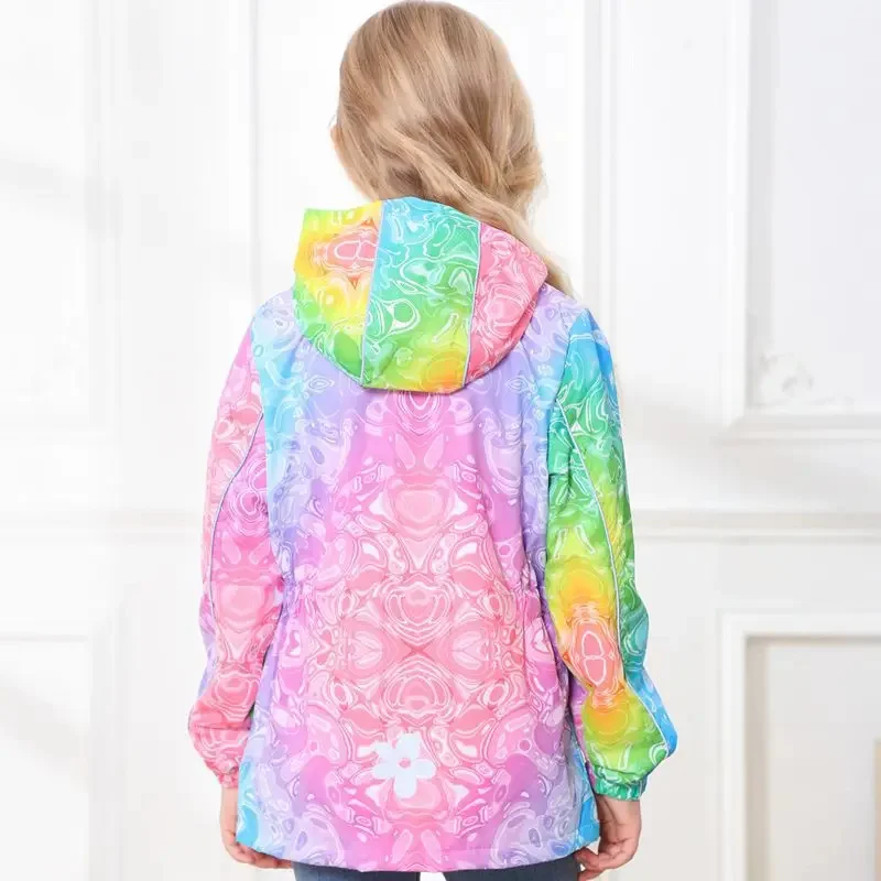 Gradient Prints Girls Waterproof Hooded Zip Fleece Lined Hiking Jackets School Kids Track Coats Child Work Windbreaker 3-12Years