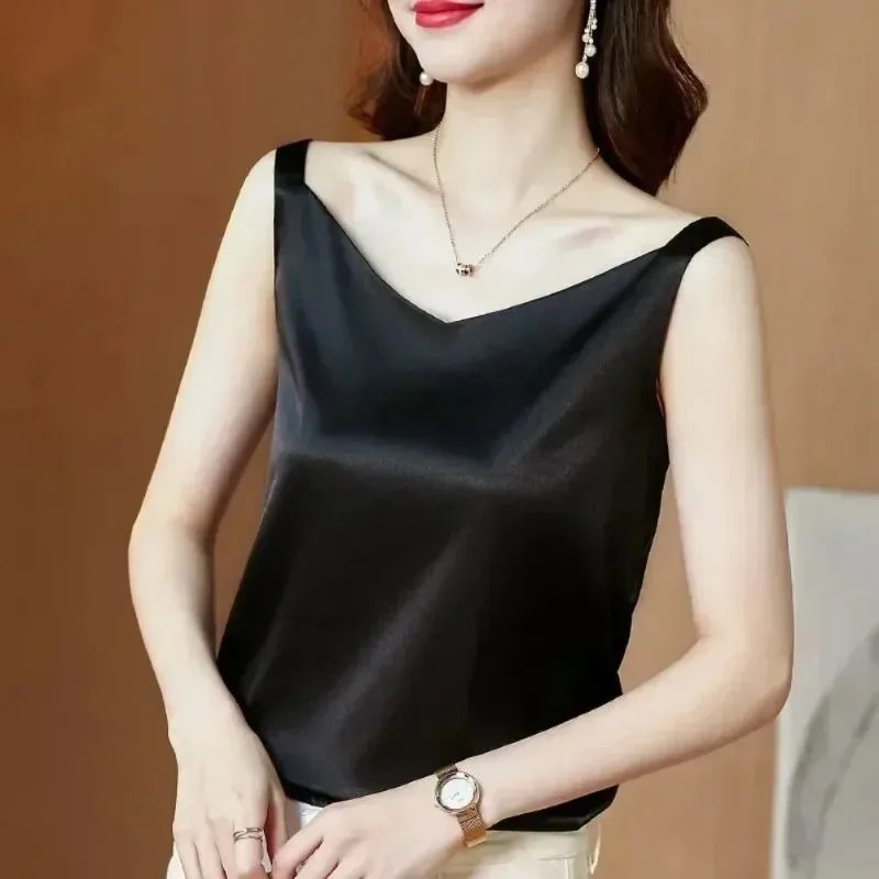 Women Satin Blouses Elegant Sleeveless Silk Tops Stand Collar Female Shirts Solid Casual Blusas Women Tops Blusas De Mujer