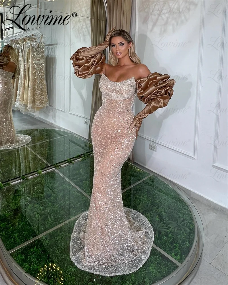 Arabic Evening Dress Robes De Soirée 2024 Mermaid Prom Dresses With Gloves Long Sleeves Champagne Red Shiny Sequined Party Dress