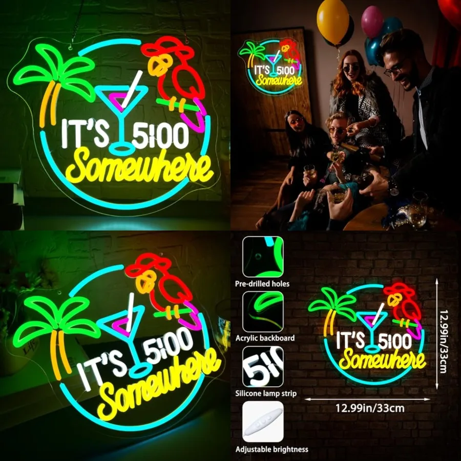 

It's 5 o'clock Somewhere Neon Sign for Wall Decor Dimmable LED Light Home Beer Bar Decor Palm Tree Sun Beach Neon Signs for Man