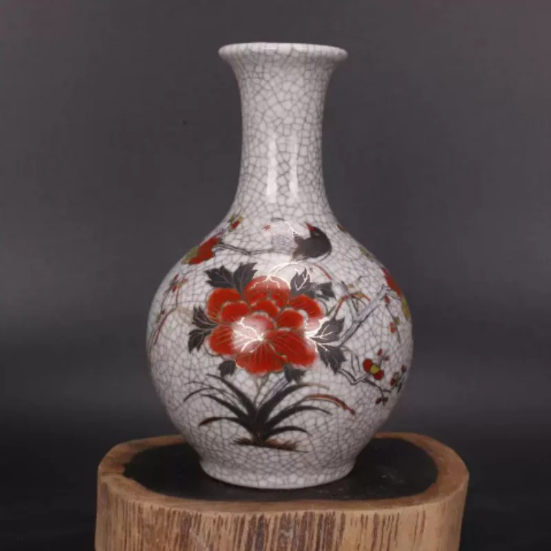 Qing Qianlong Crackled Glaze Porcelain Vase - Bird & Floral Design, Antique Ceramic Home Ornament Traditional Tabletop Display