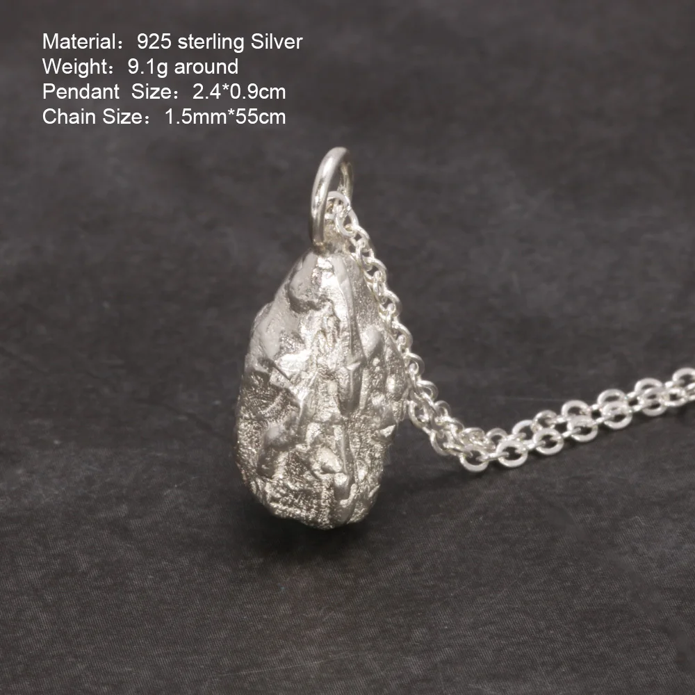 Real 925 Sterling Silver Meteorite Shape Pendant Necklace Original Stone Surface Exquisite Fine Jewelry