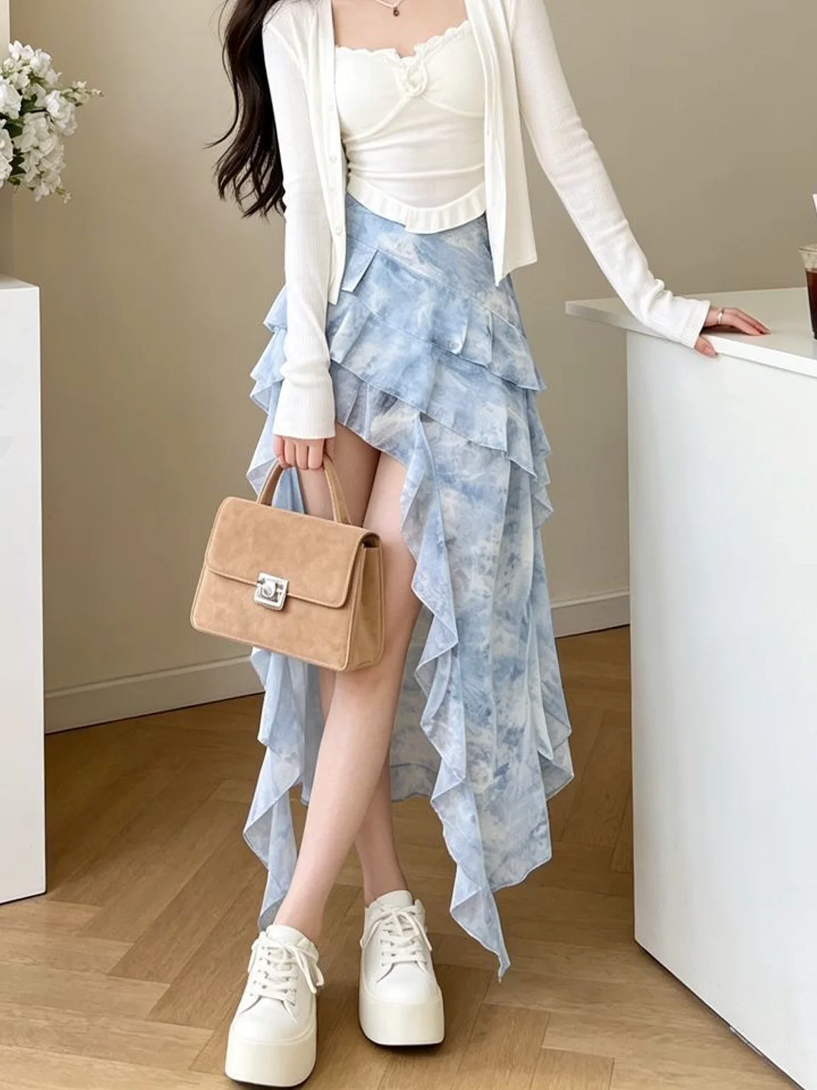 Beach Vacation Style Asymmetrical Slit Design High Waist Slimming Long Skirt Women's Autumn New Fashion Versatile Midi Skirt