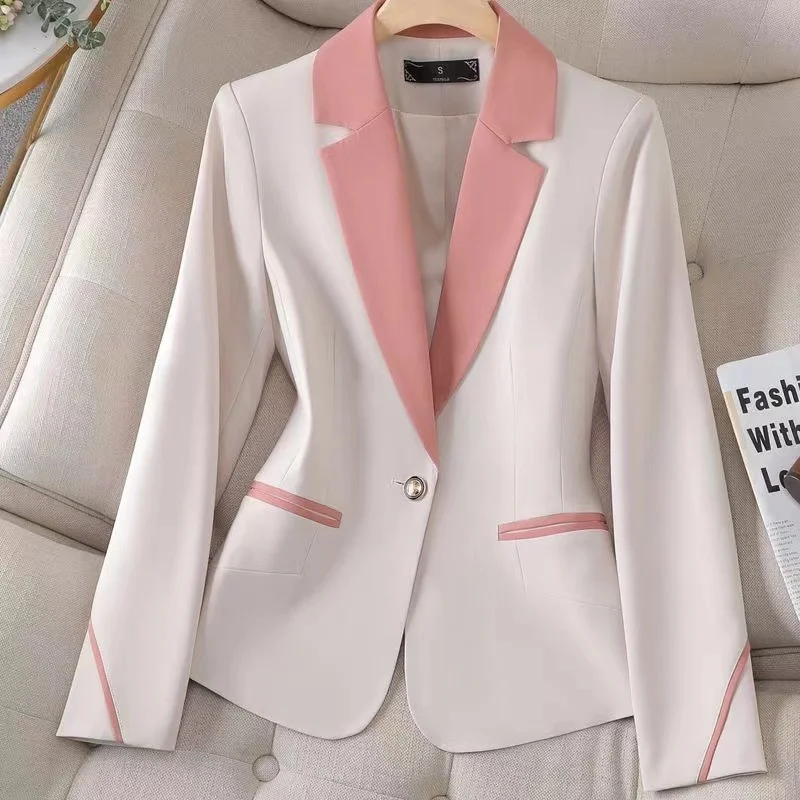 Spring Autumn Color Block New Women Slim Blazer Long Sleeve Single Button Office Ladies Business Work Wear Formal Jacket Coat