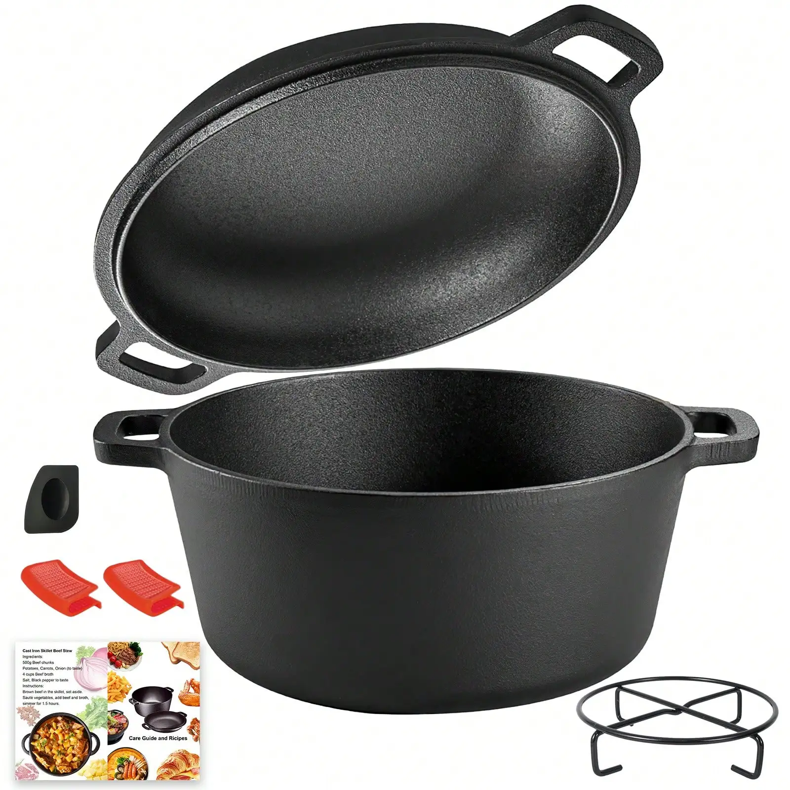 2‑In‑1 Pre‑Seasoned 5QT Cast Iron Dutch Oven with Skillet Lid, Dual‑Handle Cookware Set for Bread Baking, Frying, Camping & BBQ, Indoor & Outdoor Use
