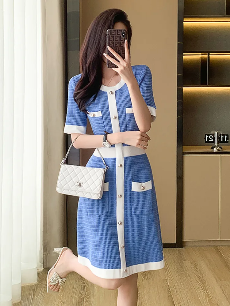 2024 Elegant Slim Knitted Mini Dress Women\'s Short Sleeved Round Neck Designer Vintage Dresses Blue Knitted One-piece Dress