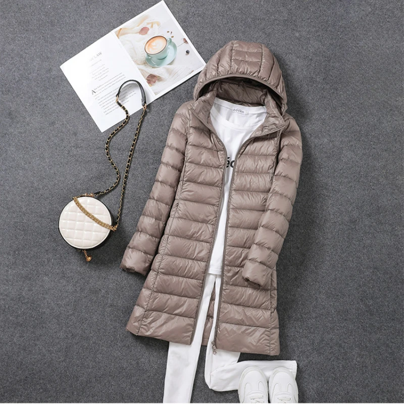 Thin Light Down Jacket Women Slim Hat Detachable Hooded Warm White Duck Down Coat Portable Windproof Waterproof Puffer Jacket