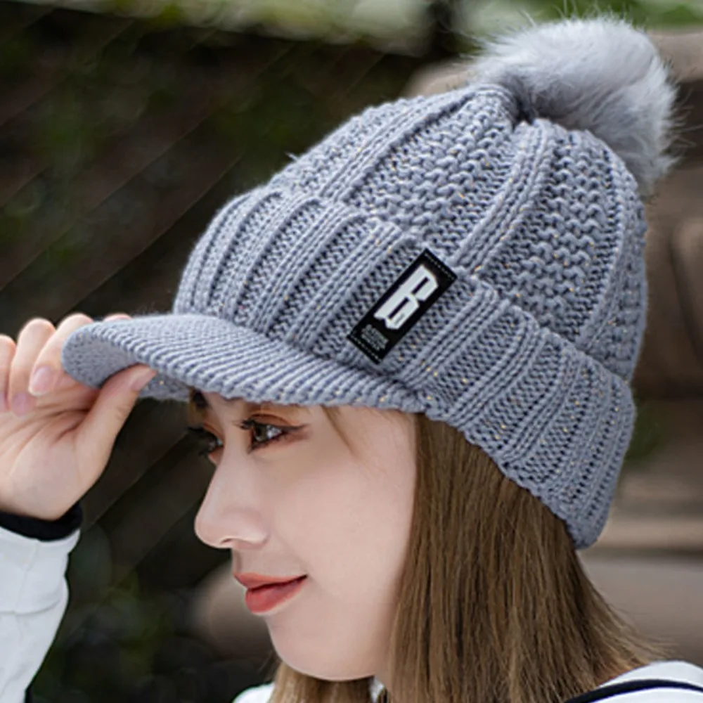 

Fashion Keep Warm Knitted Hat Windproof With Fur Balls Winter Cap Thickened Warm Visor Hat Women