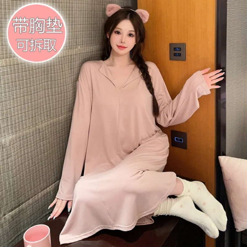 5XL Plus Size Autumn Winter Modal Pajamas Women\'s Solid Simple Nightgown with Chest Pads Long Sleeved Loungewear Home Clothes